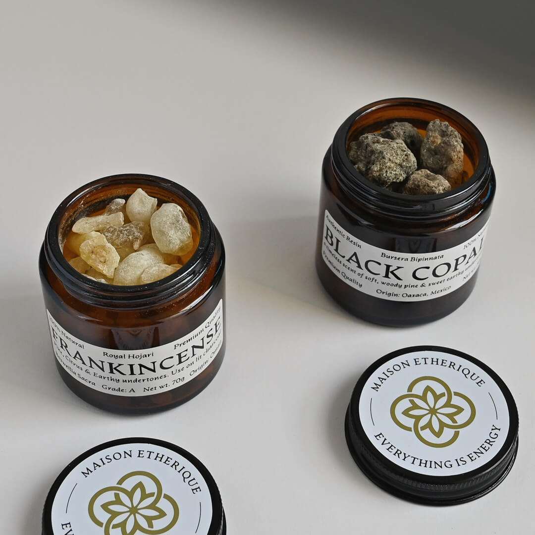 Black Copal and Hojari Frankincense in glass jars