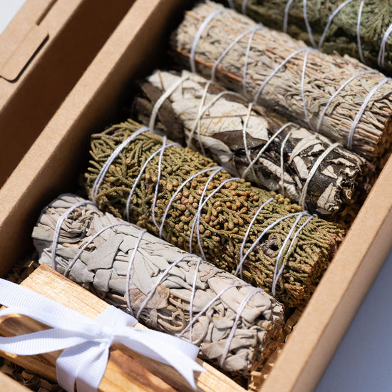 white sage, blue sage, cedar, yerba sanda