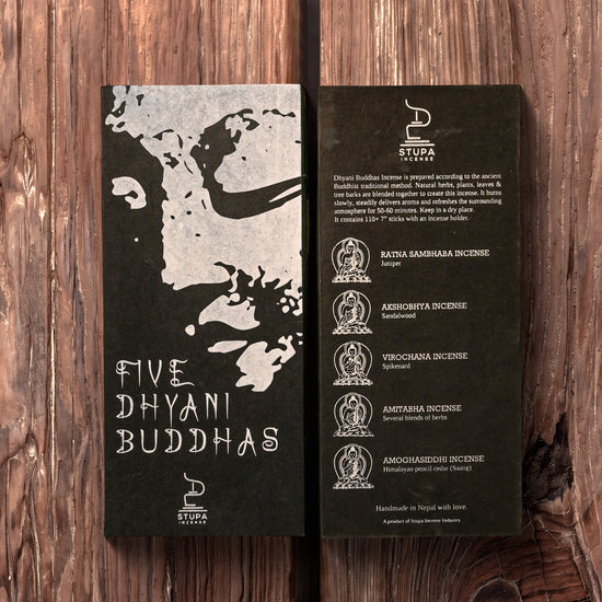 Stupa incense gift set from Nepal: black printed sleeve and inner card laid side by side on a wooden surface.