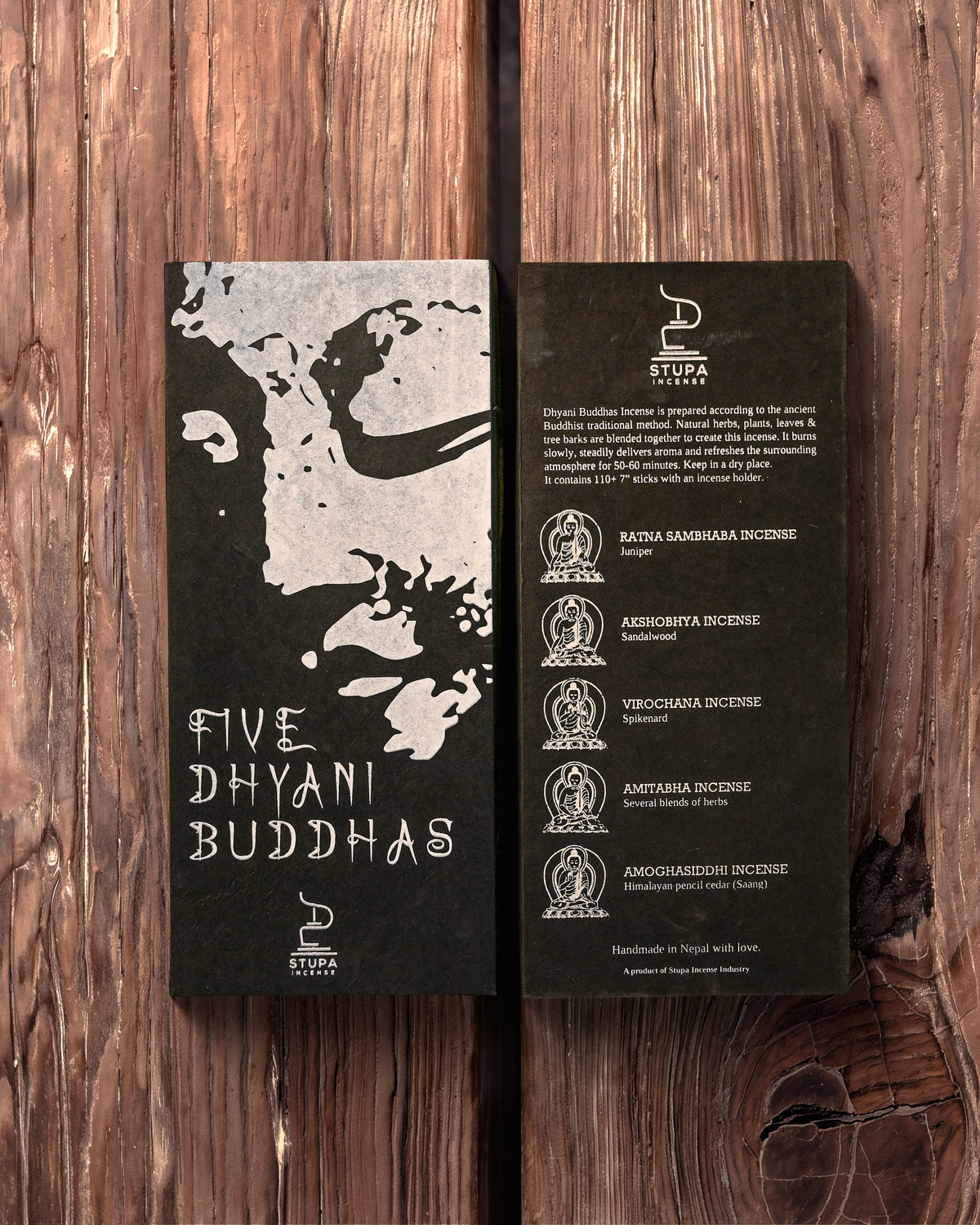 Stupa incense gift set from Nepal: black printed sleeve and inner card laid side by side on a wooden surface.