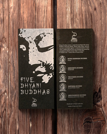 Stupa incense gift set from Nepal: black printed sleeve and inner card laid side by side on a wooden surface.
