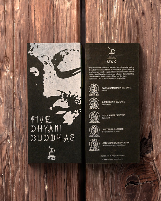 Stupa incense gift set from Nepal: black printed sleeve and inner card laid side by side on a wooden surface.