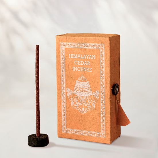 Himalayan Cedar Incense Sticks, box of 40: orange Stupa paper box with white print beside a stick standing in a small holder.