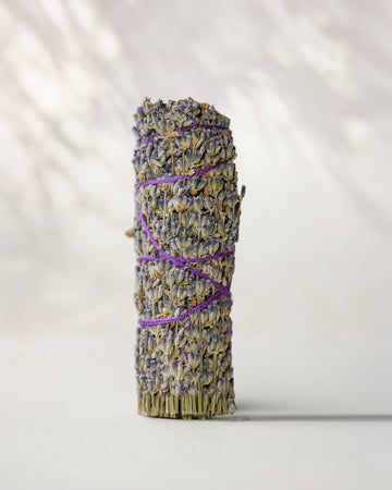 A lavender smudge bundle wrapped with purple string, standing upright on a light gray surface against a soft, shadowed light gray background.