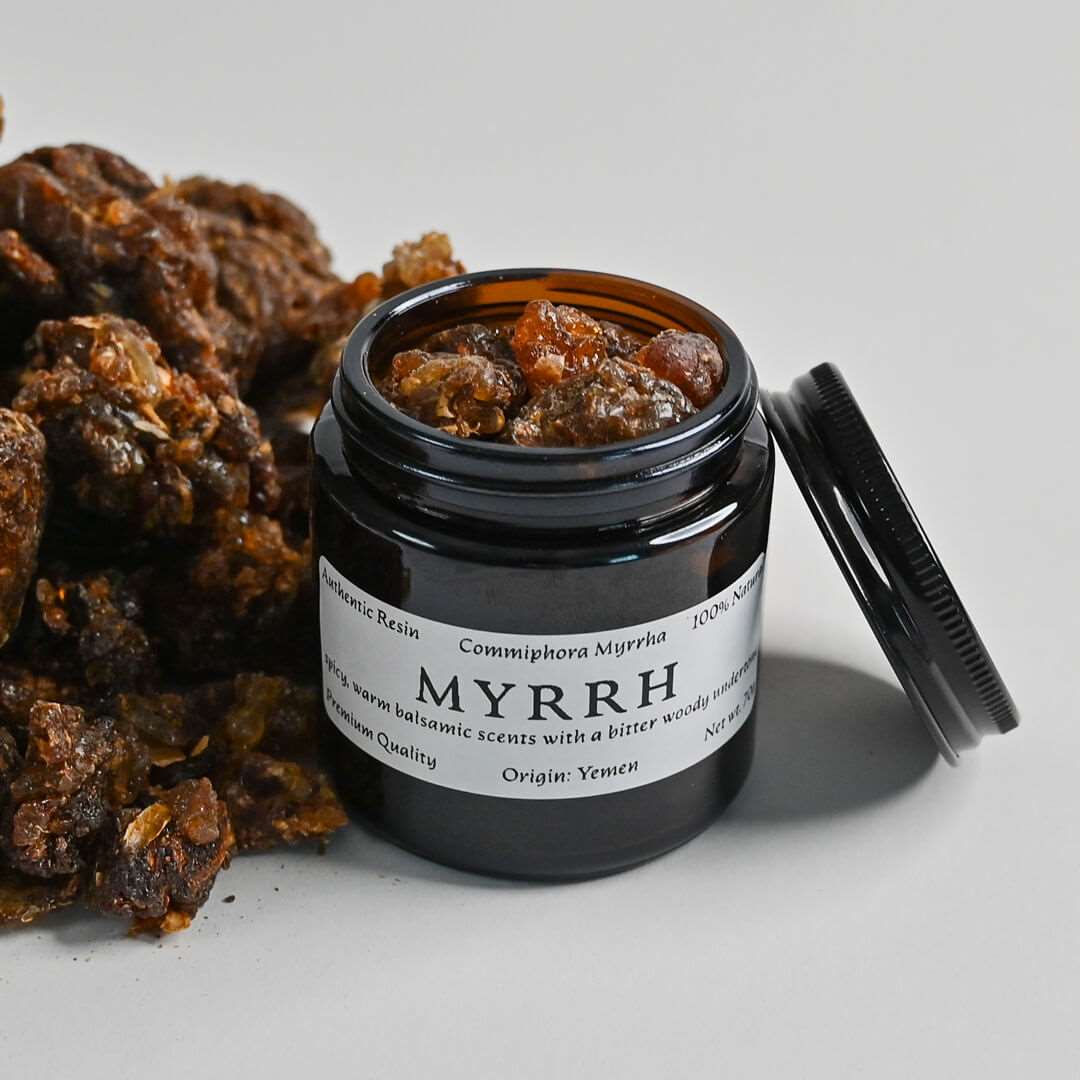 An opened jar of Myrrh Resin
