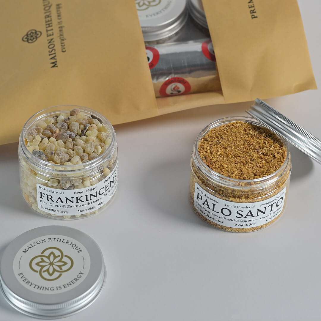 Two jars of frankincense and palo santo powder