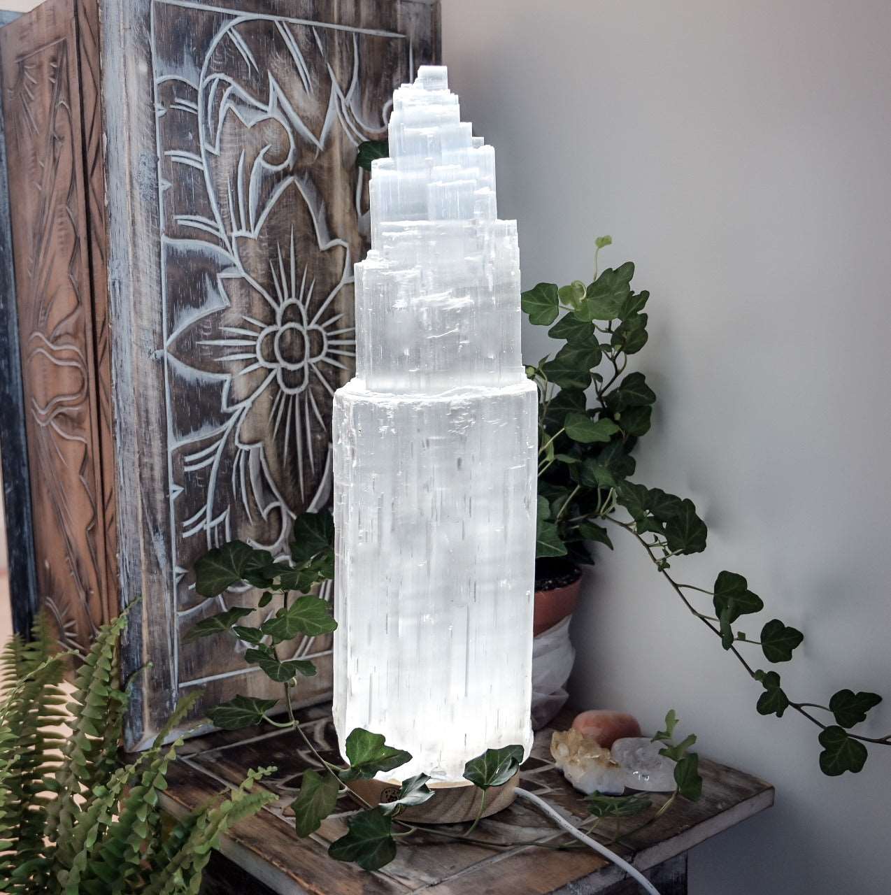 Selenite Crystal Tower - 40cm on a table
