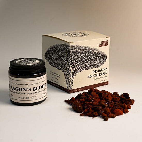 Amber jar and illustrated box of Maison Éthérique Dragon's Blood resin beside a small heap of deep red resin pieces.