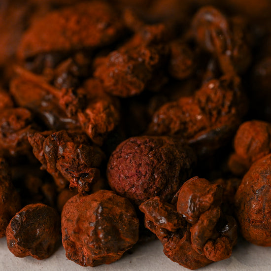 Close view of deep red Dragon's Blood resin pieces (Dracaena cinnabari) from Socotra, Yemen.