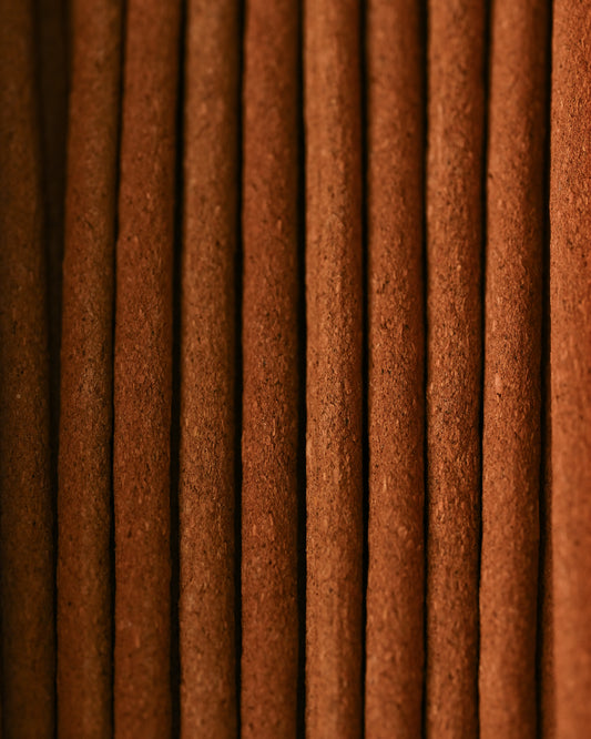 Close view of Himalayan Cedar incense sticks laid side by side, showing their red-brown texture.