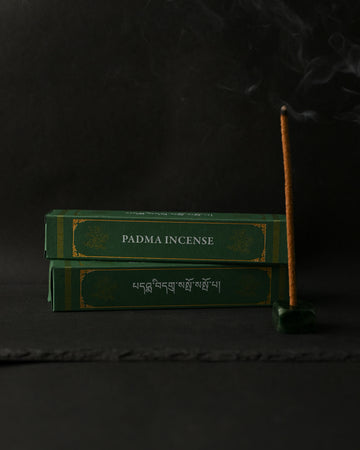 Two green boxes of Padma Tibetan incense beside a stick burning upright in a small green holder, on a dark background.