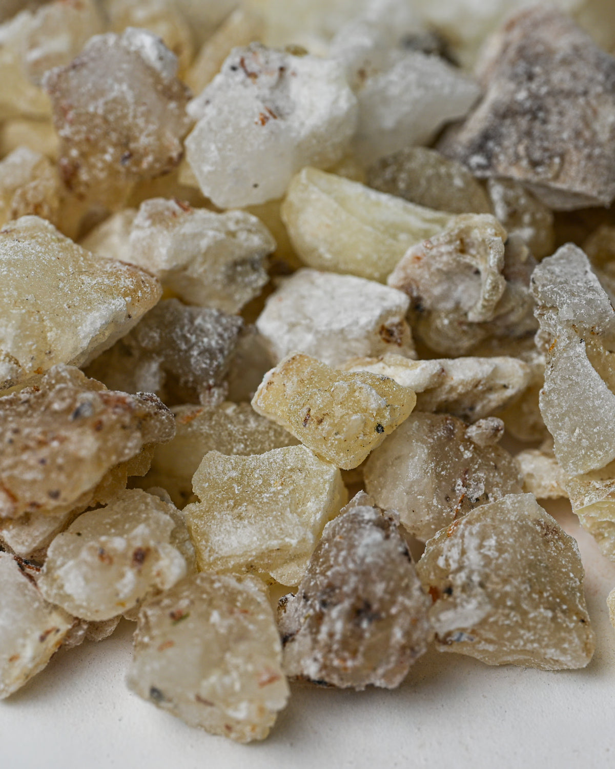 Close view of pale, translucent White Copal resin pieces (Bursera bipinnata) from Mexico.