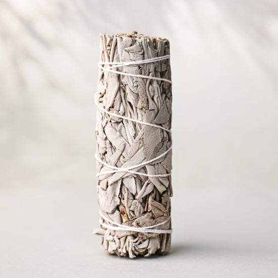 White sage smudge stick (Salvia apiana) standing upright, silver-grey leaves bound with white string, on a pale surface.