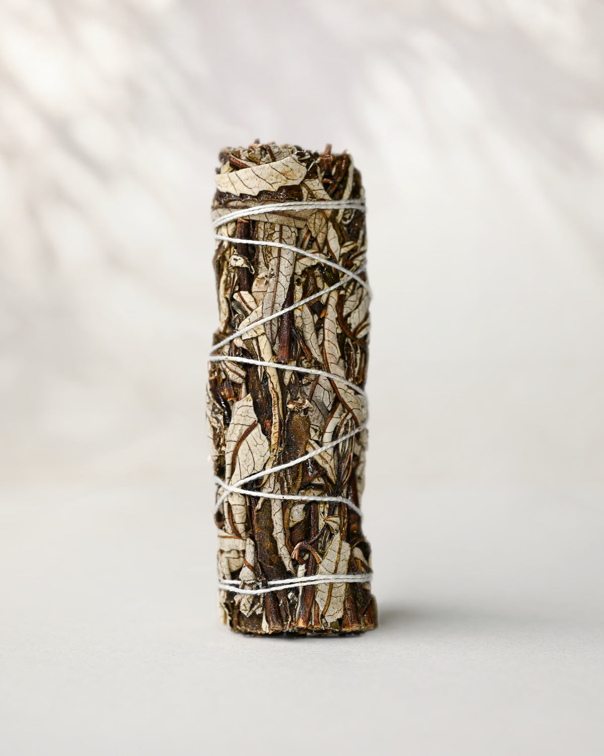 Yerba santa smudge stick (Eriodictyon californicum) standing upright, bound with white string, on a pale surface.