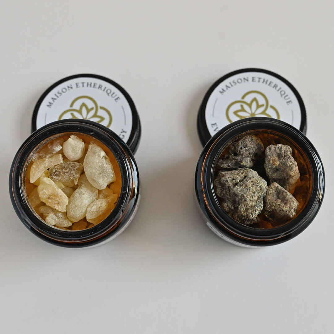 Two jars containing Black Copal and Frankincense by Maison Etherique