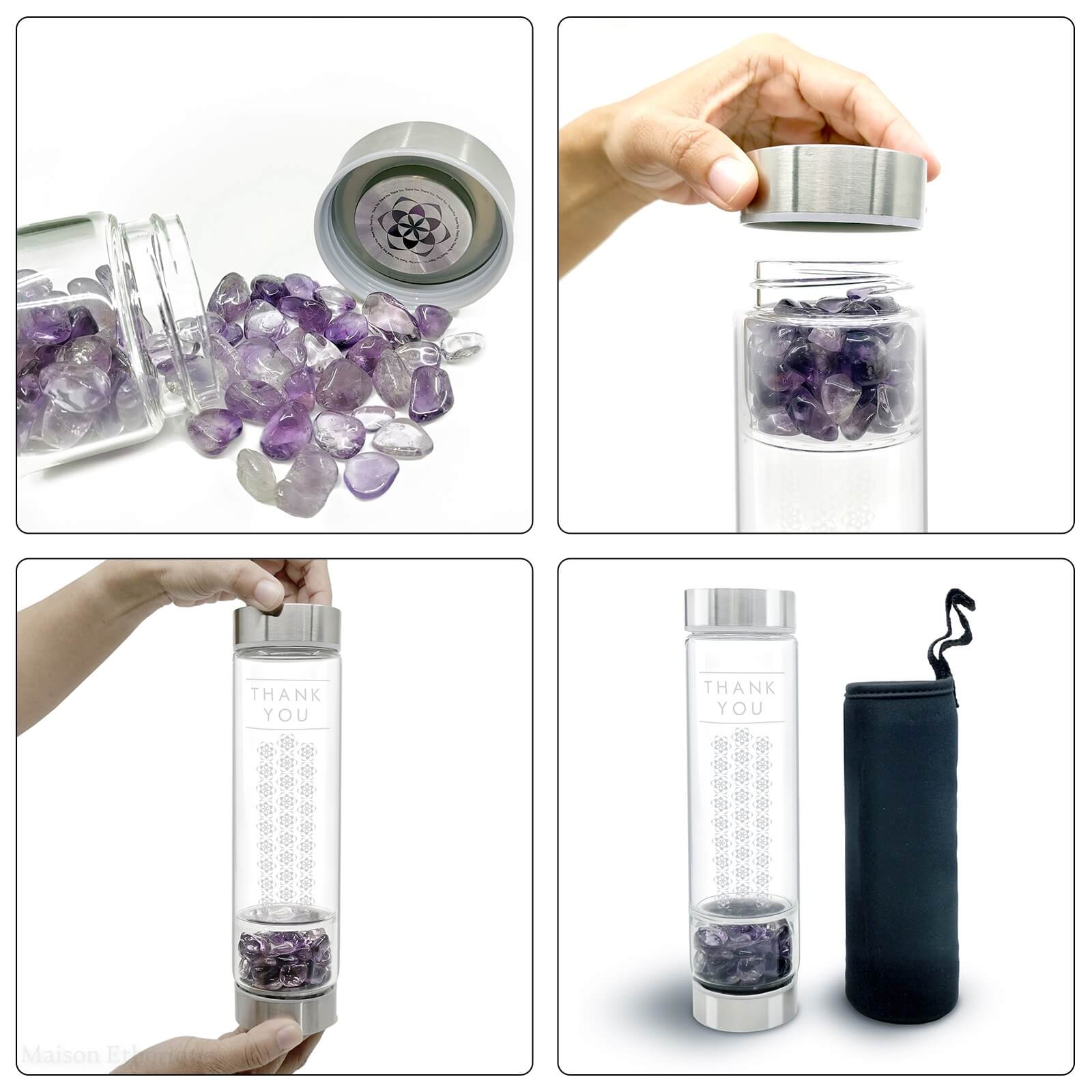 A Gratitude Crystal Bottle with Tumbled Amethyst - parts