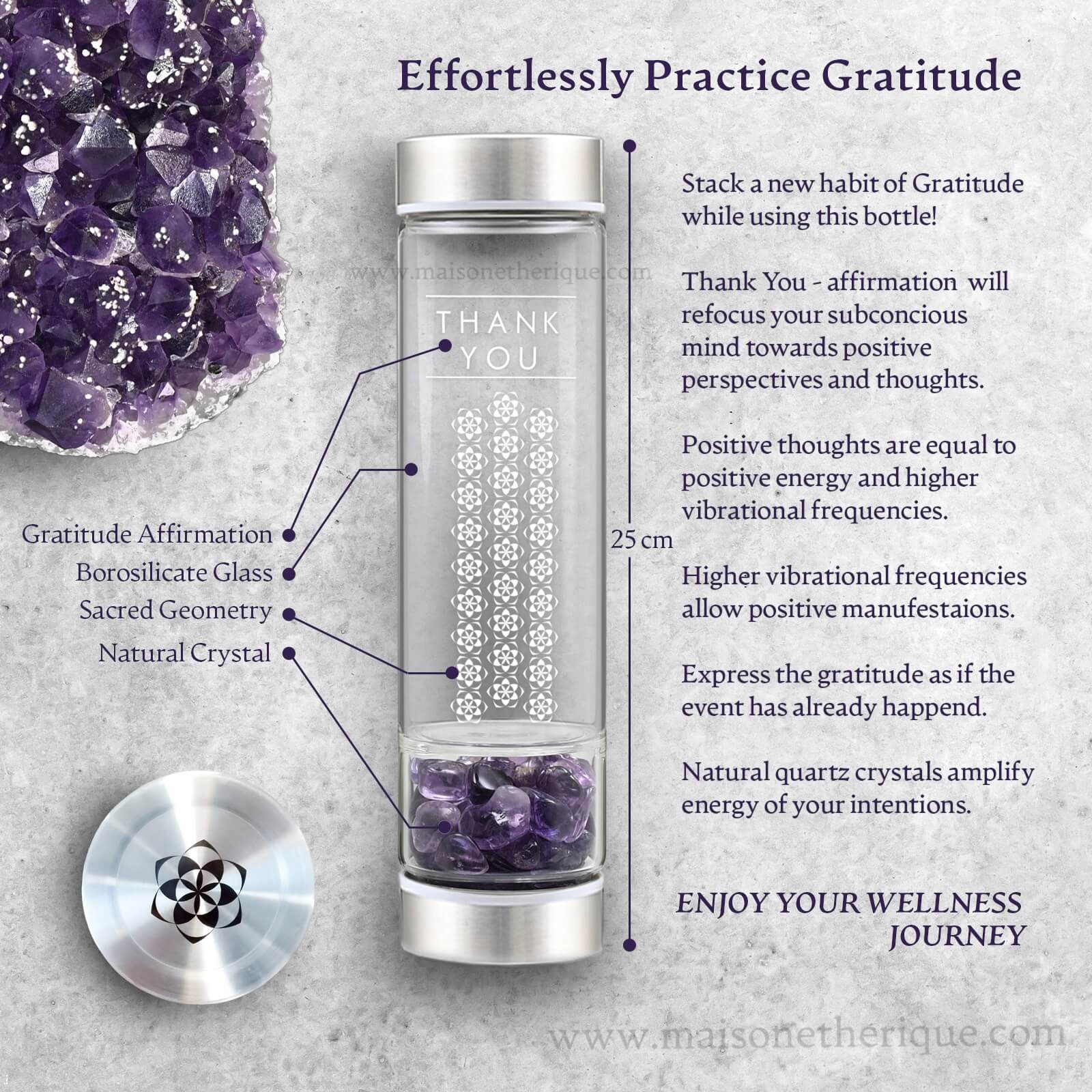 A Gratitude Crystal Bottle of Tumbled Amethyst with a gratitude guide